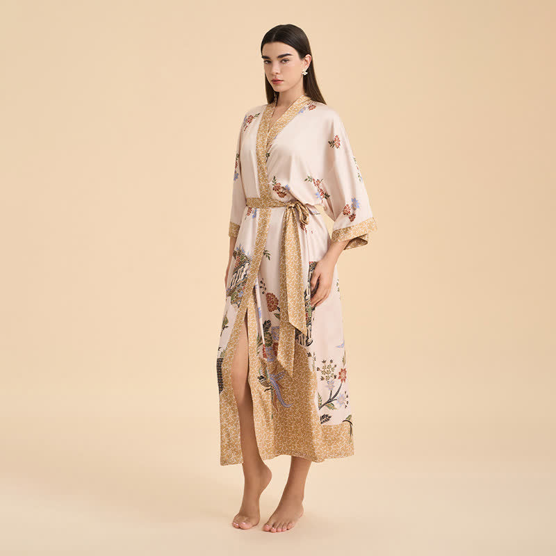 Bademantel im Kimono-Stil mit orientalischem Blumenmuster und Vogelmotiv - image 2