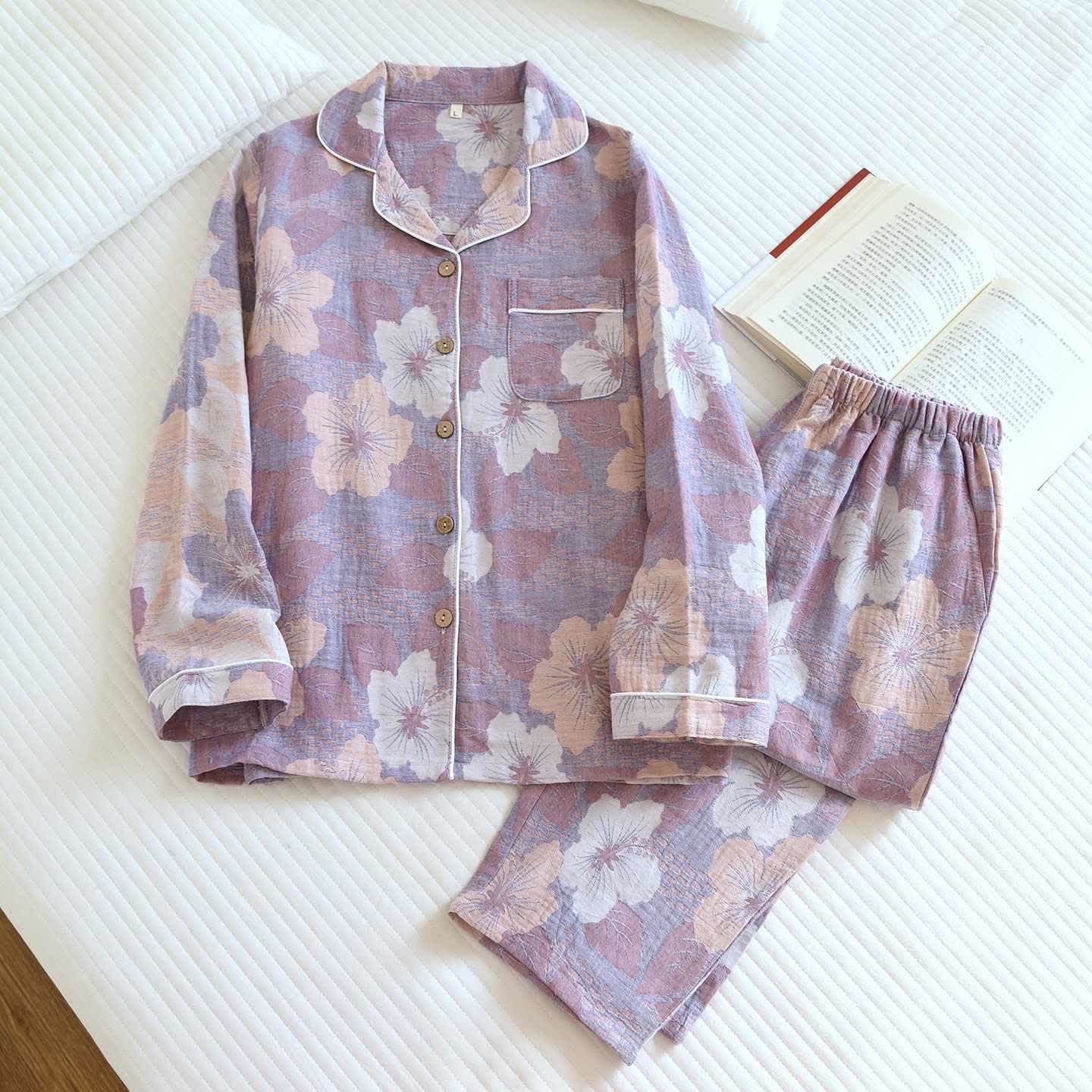 Loungewear-Set aus Baumwolle mit Kirschblüten-Jacquardmuster - Lila - XL - image 0