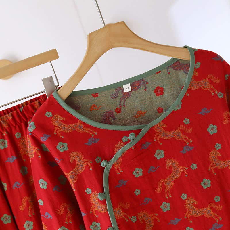 Loungewear-Set aus Baumwollgaze mit Pferdemotiv und Blumenmuster - image 4