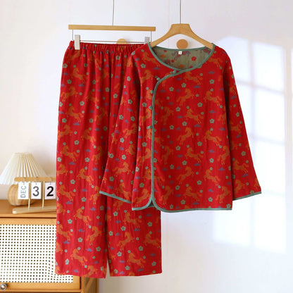 Loungewear-Set aus Baumwollgaze mit Pferdemotiv und Blumenmuster - Rot - XXL - image 0