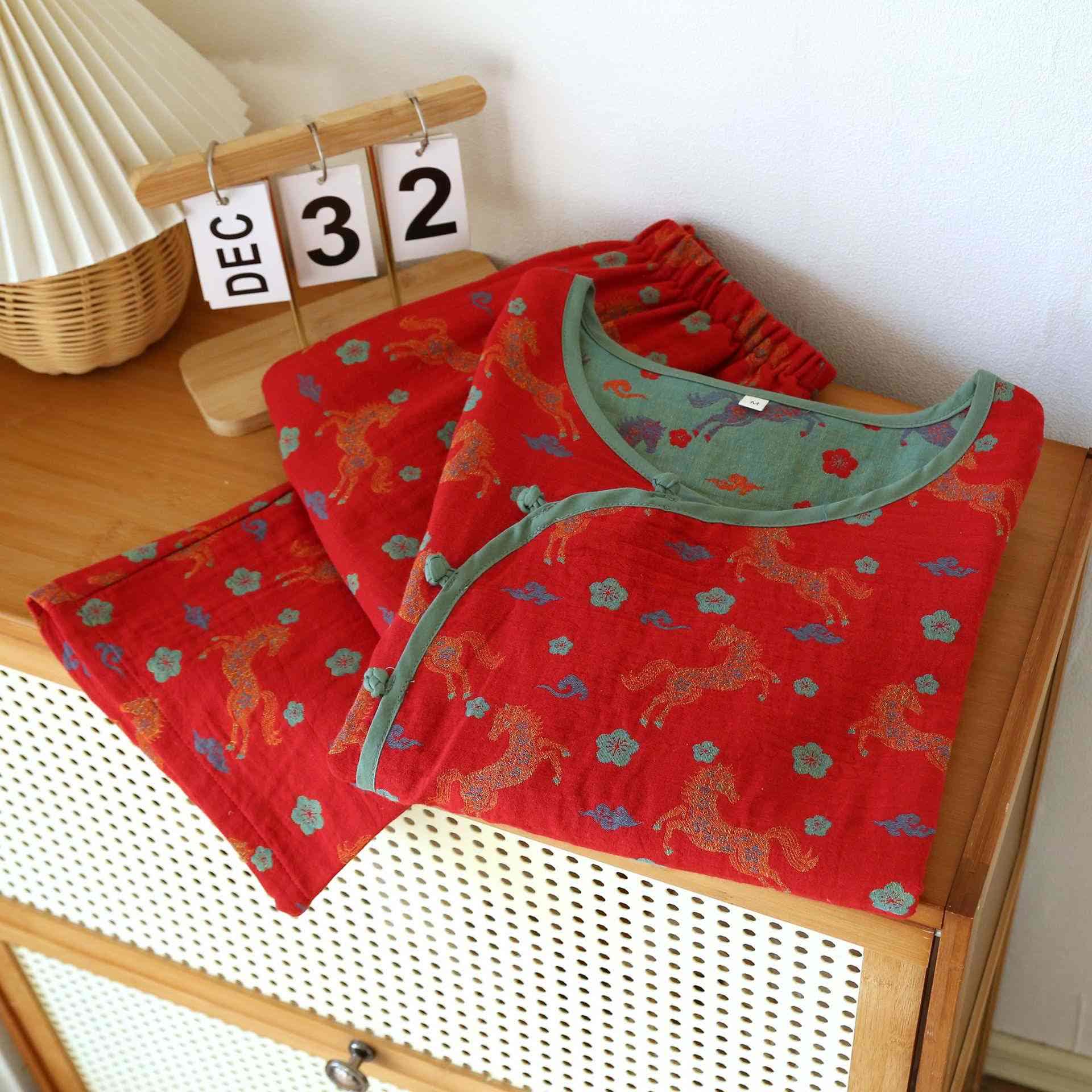 Loungewear-Set aus Baumwollgaze mit Pferdemotiv und Blumenmuster - image 1