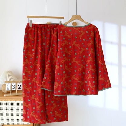Loungewear-Set aus Baumwollgaze mit Pferdemotiv und Blumenmuster - image 3