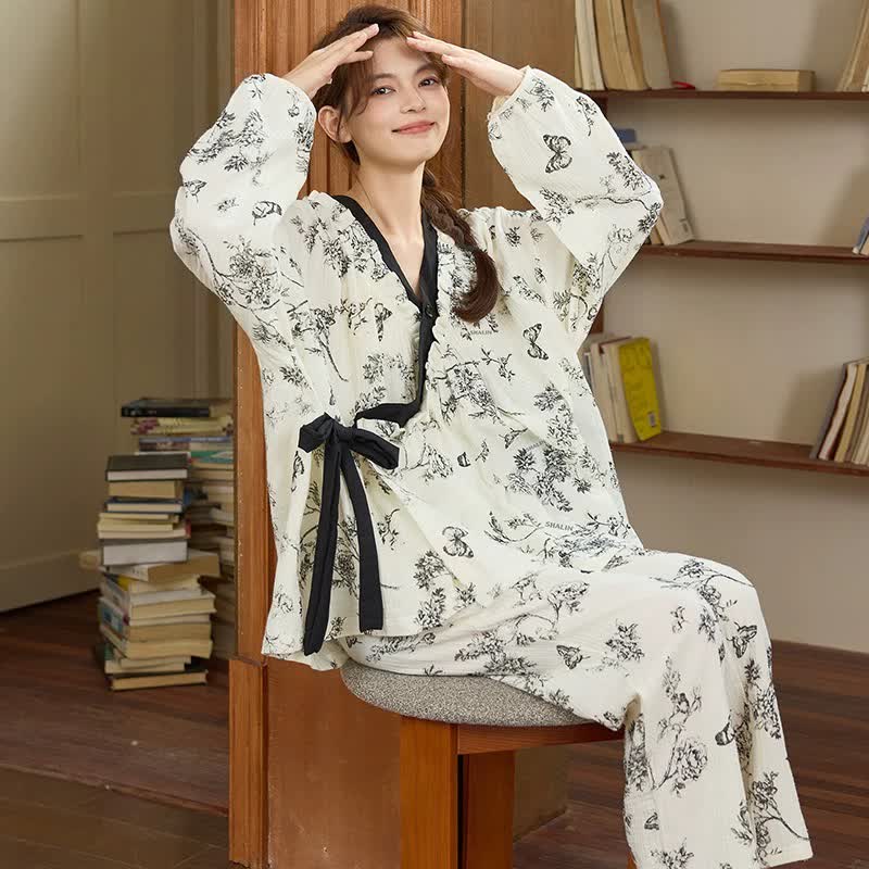 Loungewear-Set mit orientalischem Tintenmuster, floralem Schmetterlingsmotiv - image 3