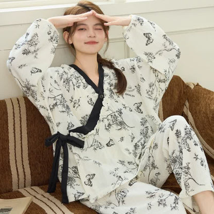 Loungewear-Set mit orientalischem Tintenmuster, floralem Schmetterlingsmotiv - Schwarz - XXL - image 1
