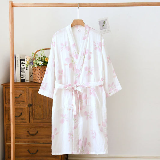 Kimono-Bademantel aus Baumwollgaze mit Kirschblütenmuster - Weiß - XL - image 0
