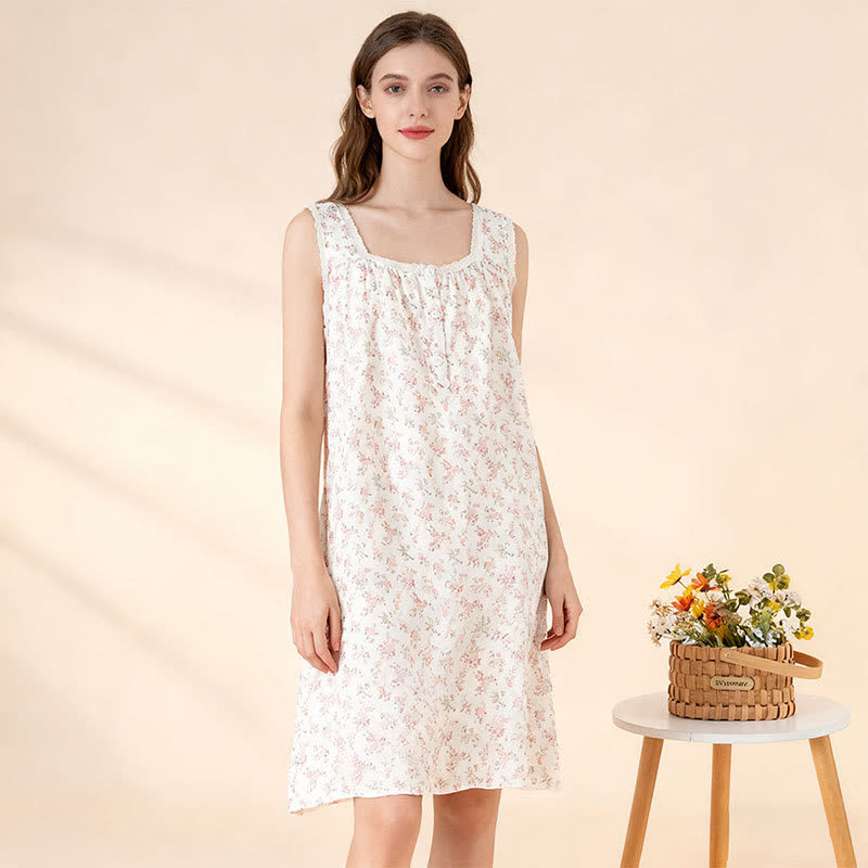 Ärmelloses Nachthemd aus reiner Baumwolle mit rosa Blumenmuster - Weiß - XL - image 0