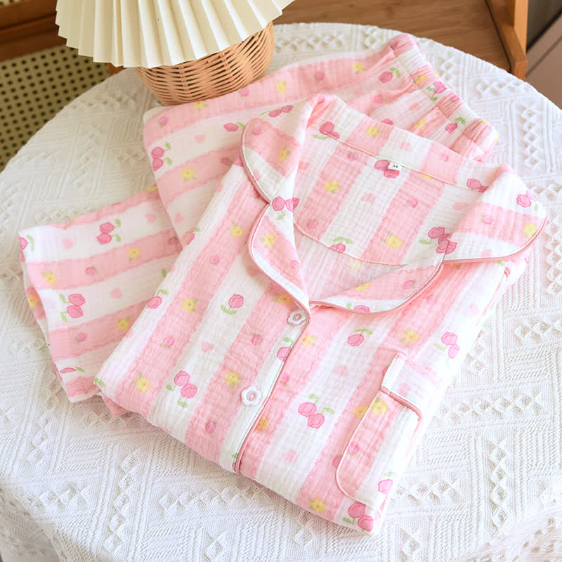 Gestreiftes Loungewear-Set aus Baumwolle mit Rosenmuster - image 2
