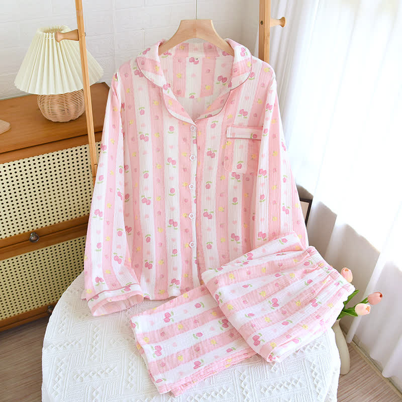 Gestreiftes Loungewear-Set aus Baumwolle mit Rosenmuster - Rosa - XXXL - image 0
