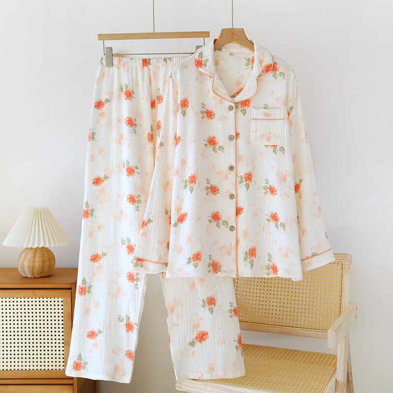 Loungewear-Set aus orangefarbenem und rosafarbenem Baumwollgaze - Beige - XL - image 0