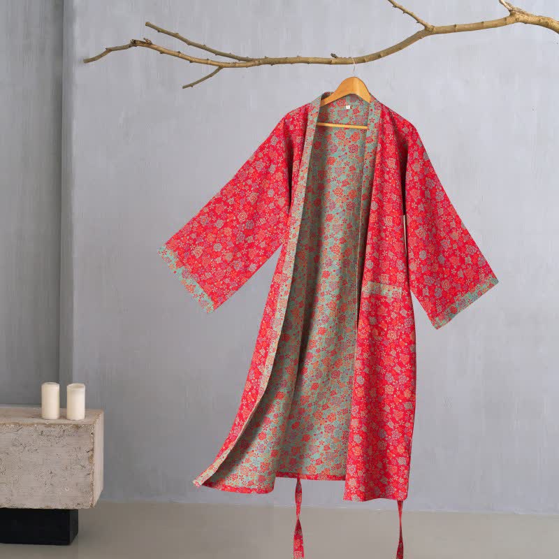 Romantischer Kimono-Bademantel aus Baumwolle mit Rosenmuster - Rot - 2XL - image 1