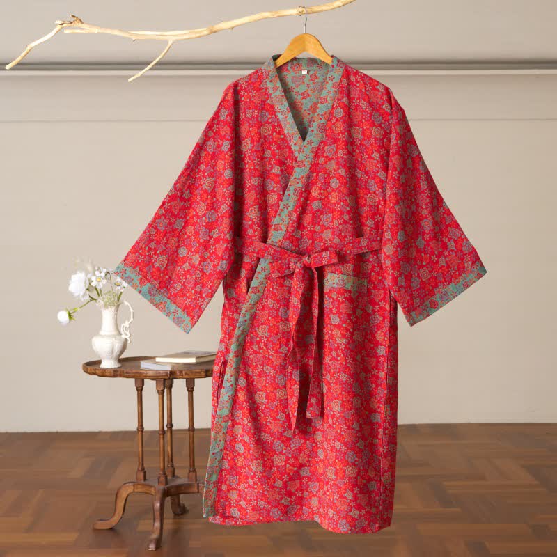 Romantischer Kimono-Bademantel aus Baumwolle mit Rosenmuster - image 2