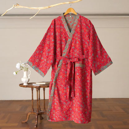Romantischer Kimono-Bademantel aus Baumwolle mit Rosenmuster - image 2