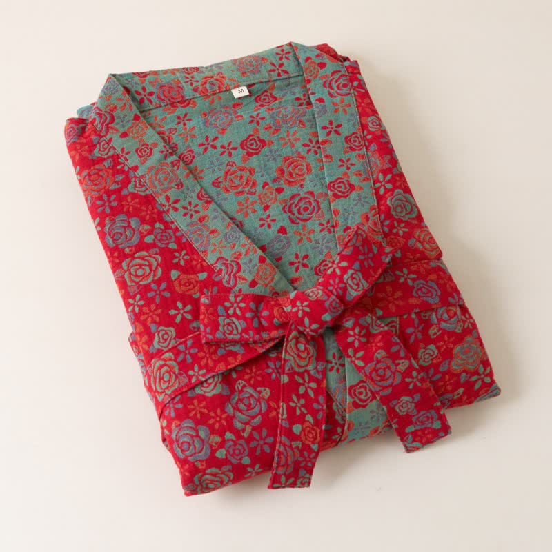 Romantischer Kimono-Bademantel aus Baumwolle mit Rosenmuster - image 4