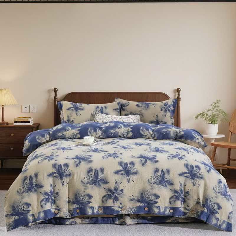 Bettwäsche-Set aus Baumwolle im orientalischen Tintenstil mit Blumenmuster (4-teilig) - Blau - König - image 7
