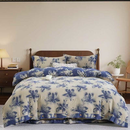 Bettwäsche-Set aus Baumwolle im orientalischen Tintenstil mit Blumenmuster (4-teilig) - Blau - König - image 7
