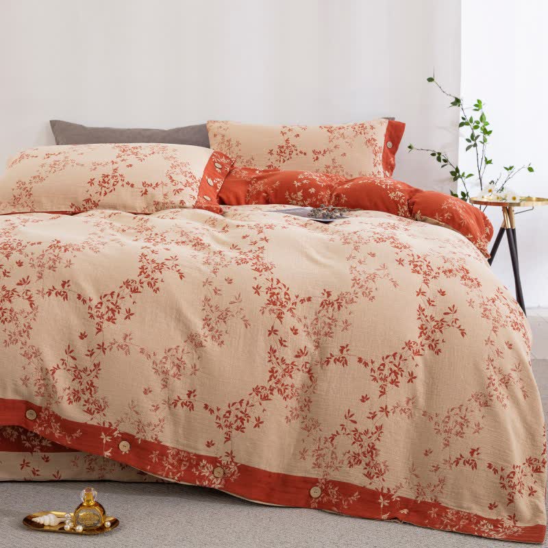 Bettwäsche-Set „Country Leaf“ aus Baumwollgaze (4-teilig) - Aprikose & Orange - König - image 0