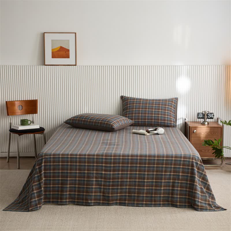 Klassisches Vintage-Karo-Baumwoll-Bettlaken/Tagesdecke - Blau - Tagesdecke mit 2 Kissenbezügen - 245cm x 270cm - image 0