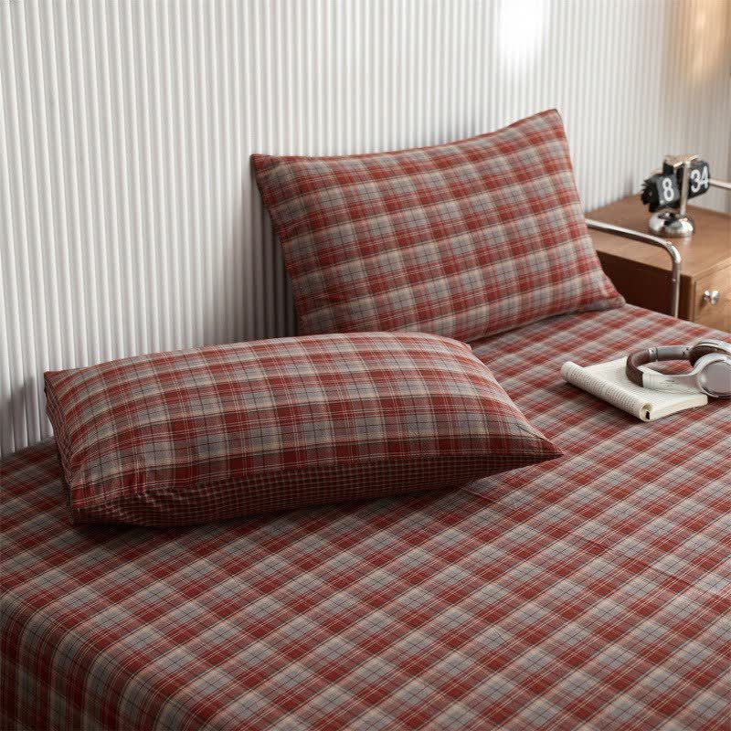 Klassisches Vintage-Karo-Baumwoll-Bettlaken/Tagesdecke - Rot - 2 Kissenbezüge - 48cm x 74cm - image 5
