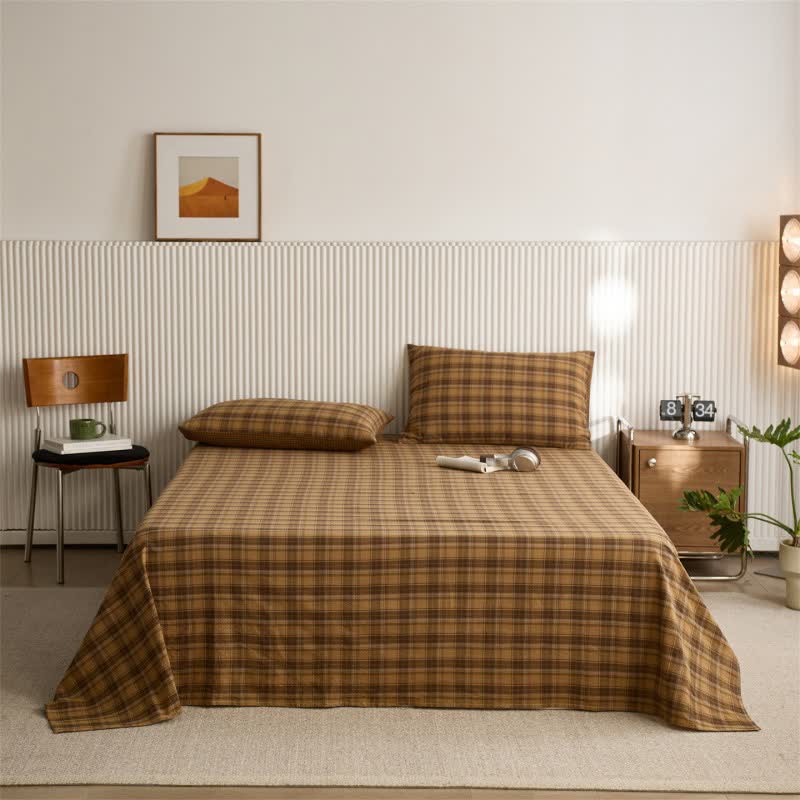 Klassisches Vintage-Karo-Baumwoll-Bettlaken/Tagesdecke - Gelb - Tagesdecke mit 2 Kissenbezügen - 245cm x 270cm - image 2
