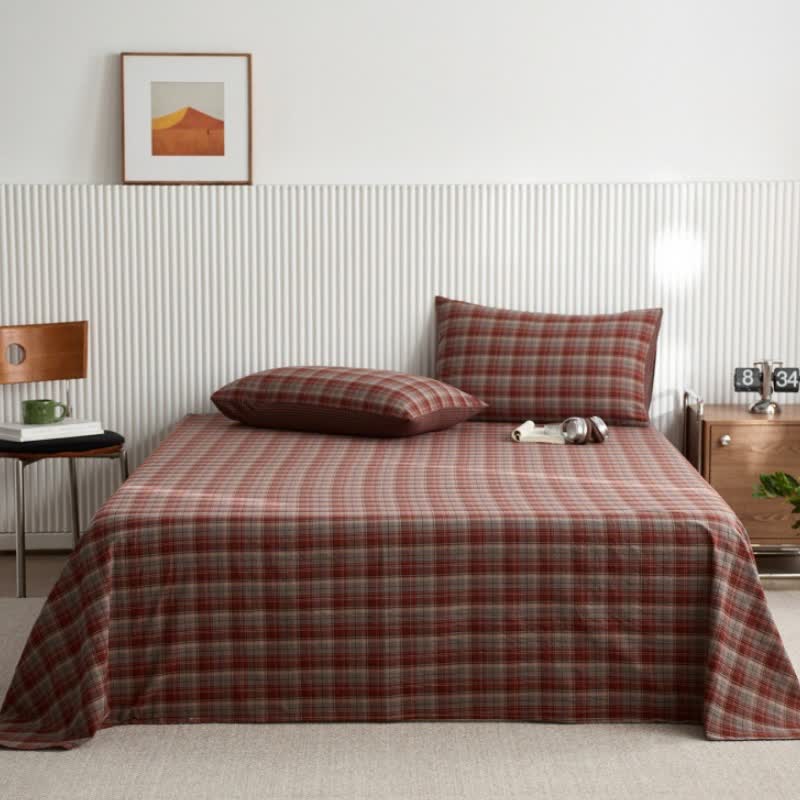 Klassisches Vintage-Karo-Baumwoll-Bettlaken/Tagesdecke - Rot - Tagesdecke mit 2 Kissenbezügen - 245cm x 270cm - image 4