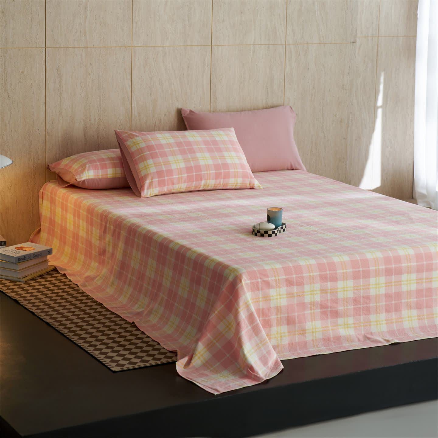 Frisches Vichy-Karo-Bettlaken aus reiner Baumwolle - Rosa - 2 Kissenbezüge - 48cm x 74cm - image 1