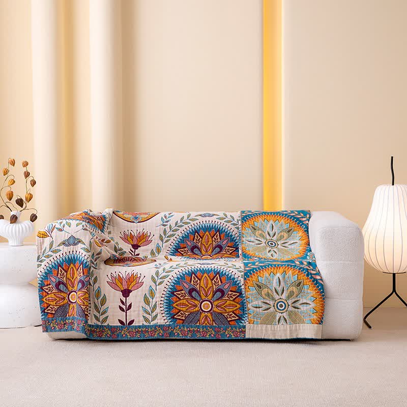 Decke aus Baumwollgaze mit exotischem Blattmuster - 230cm x 250cm - image 0