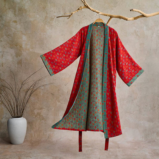 Zweifarbiger Kimono-Bademantel aus Ginkgo-Baumwollgaze - Rot & Grün - 2XL - image 0