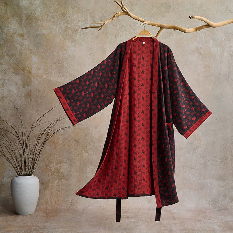 Zweifarbiger Kimono-Bademantel aus Ginkgo-Baumwollgaze - Schwarz & Rot - 2XL - image 21