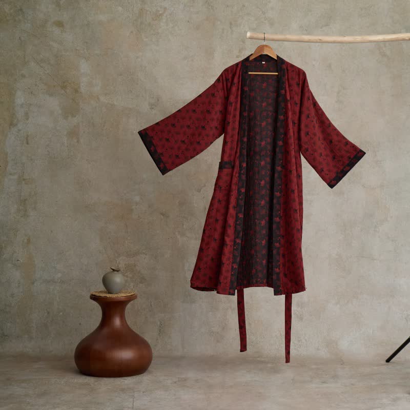Zweifarbiger Kimono-Bademantel aus Ginkgo-Baumwollgaze - Rot & Schwarz - 2XL - image 5