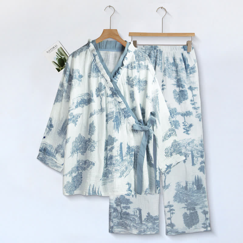 Loungewear-Set mit Rüschenkragen und Landschaftsmotiv - Weiß - XL - image 0