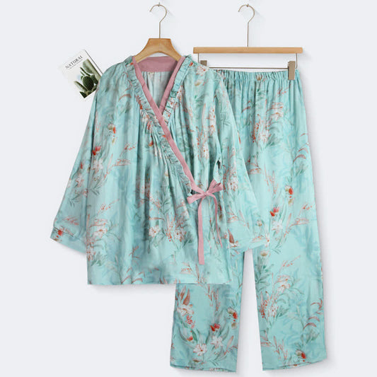 Loungewear aus Baumwolle mit orientalischem Blumenmuster und Rüschenkragen - Cyan - XL - image 0