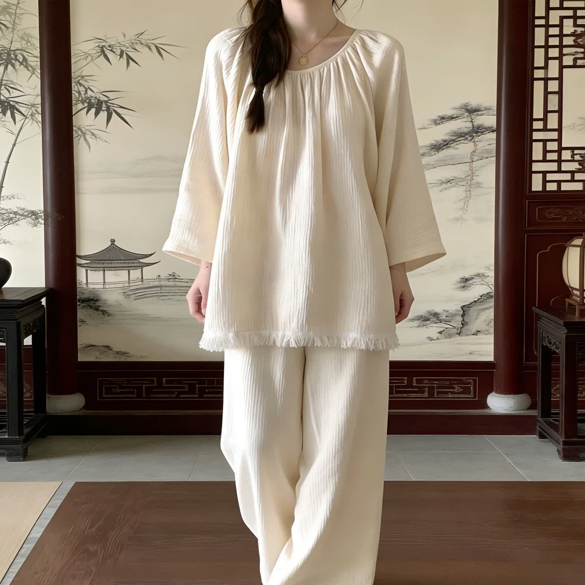Minimalistisches einfarbiges Loungewear-Set aus Baumwolle - image 2