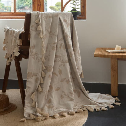 Decke aus Baumwoll-Leinen-Mischgewebe mit Jacquardmuster und floralem Blattmuster - 120cm x 170cm - image 0