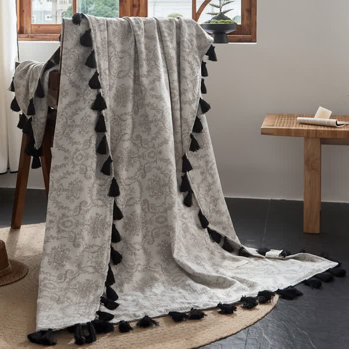 Vintage-Decke aus Baumwoll-Leinen-Mischgewebe mit botanischem Jacquardmuster - 120cm x 170cm - image 0