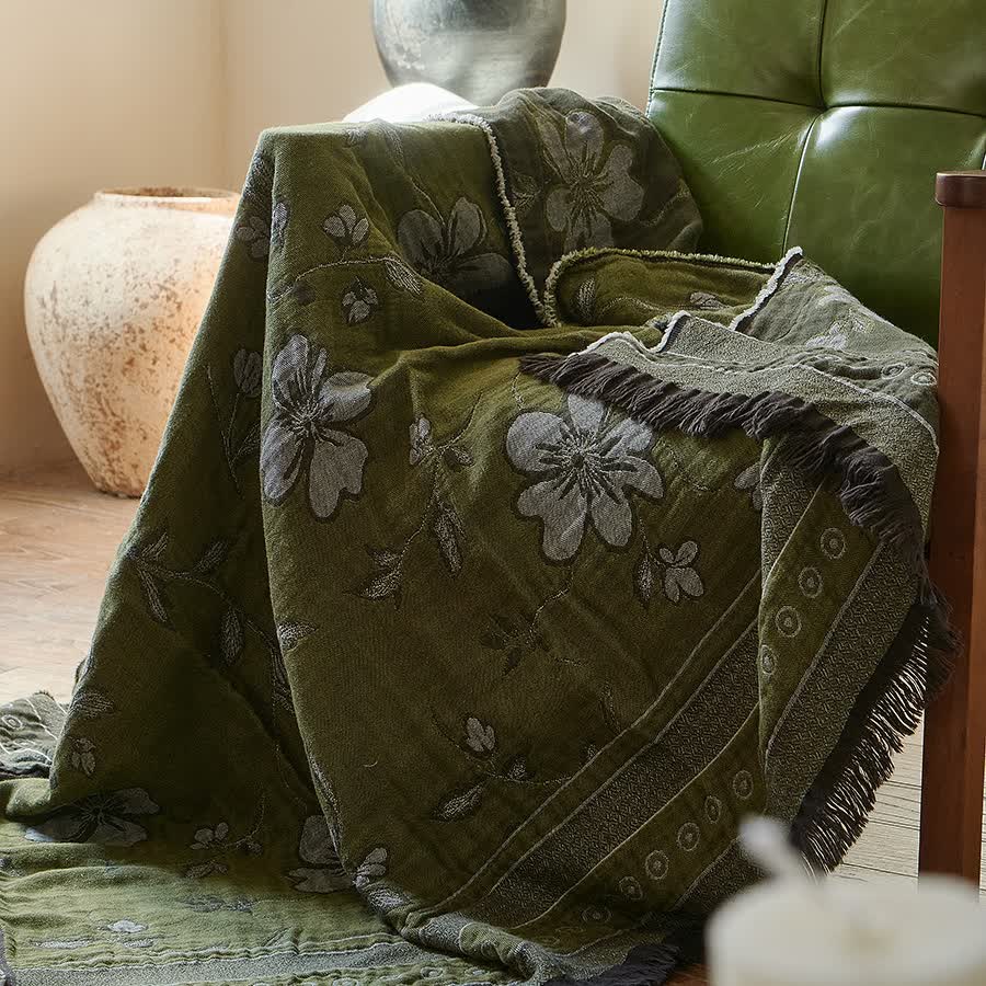 Elegante, florale Decke aus reiner Baumwolle mit Quasten - image 1