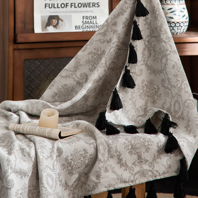 Vintage-Decke aus Baumwoll-Leinen-Mischgewebe mit botanischem Jacquardmuster - image 2