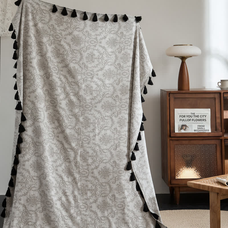 Vintage-Decke aus Baumwoll-Leinen-Mischgewebe mit botanischem Jacquardmuster - image 1