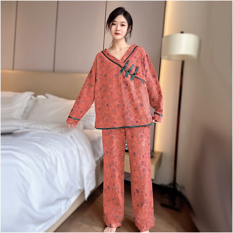 Pyjama-Set aus Baumwolle mit Froschknopf und Rose in Übergröße - Korallenorange - 4XL - image 2