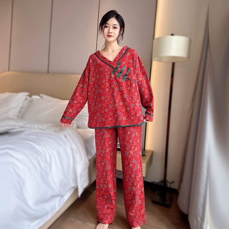 Pyjama-Set aus Baumwolle mit Froschknopf und Rose in Übergröße - Rot - 4XL - image 0