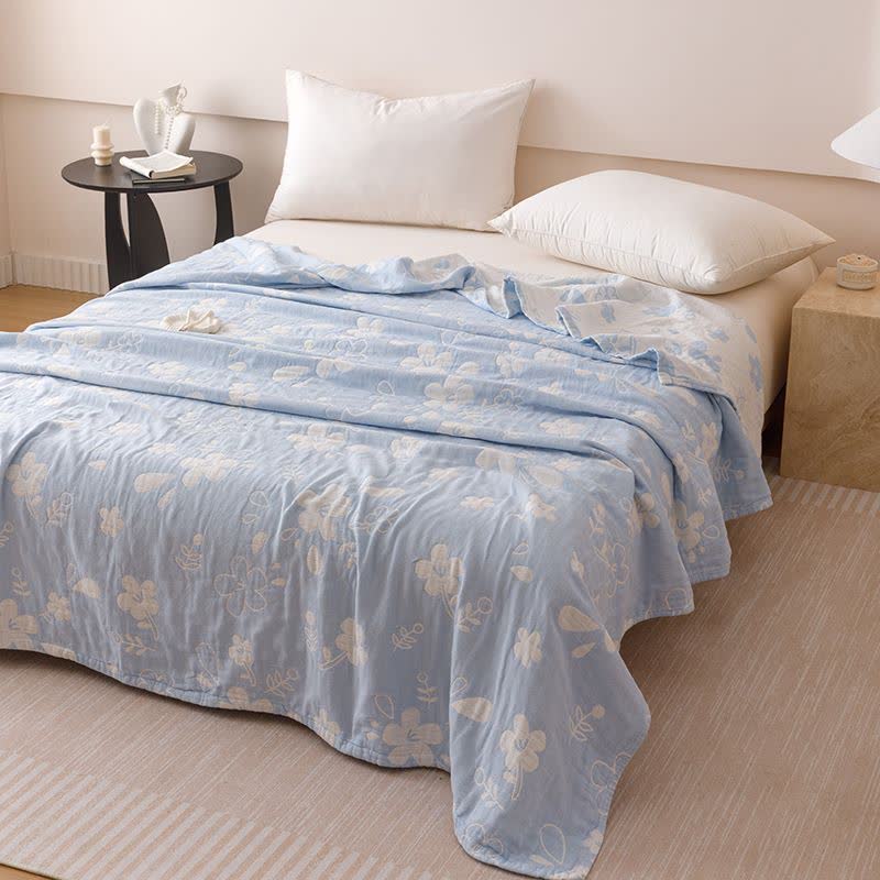 Elegante, dreilagige Baumwoll-Gaze-Steppdecke mit floralem Jacquardmuster - Blau - Königin - image 6