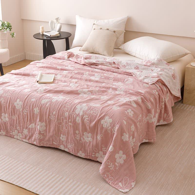 Elegante, dreilagige Baumwoll-Gaze-Steppdecke mit floralem Jacquardmuster - Rosa - Königin - image 0