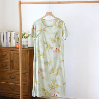 Vintage-Nachthemd mit orientalischen Koi-Karpfen und Blumenmuster - Grün - XL - image 0