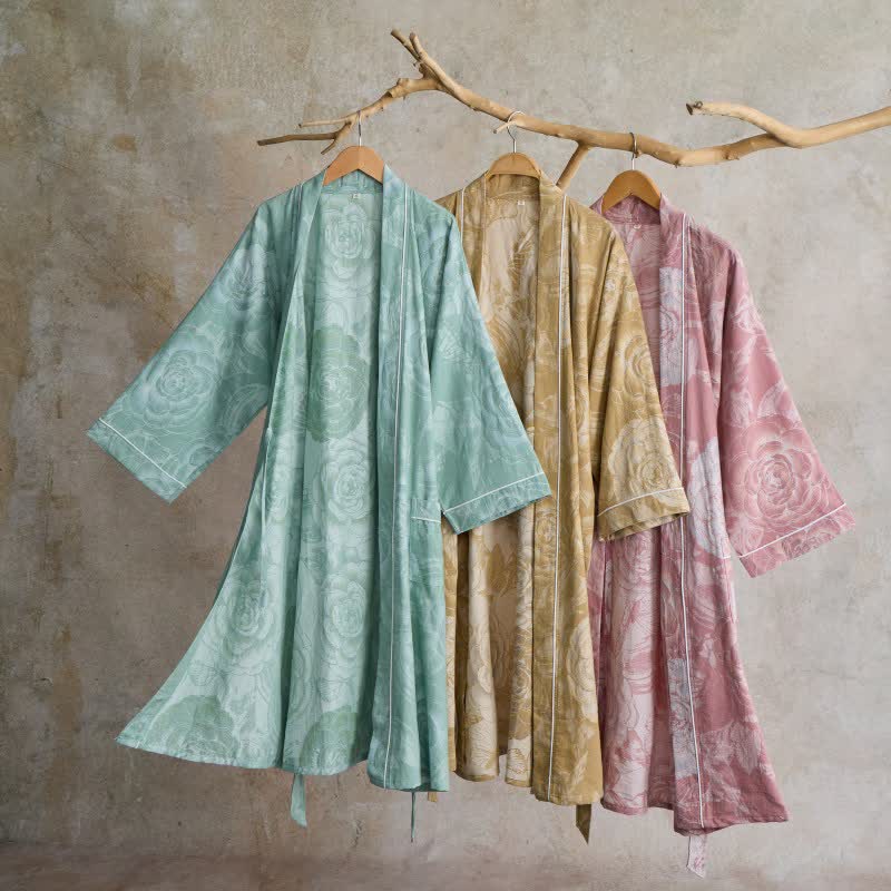 Luxuriöser Kimono-Bademantel aus reiner Baumwolle mit Pfingstrosenmuster - image 1