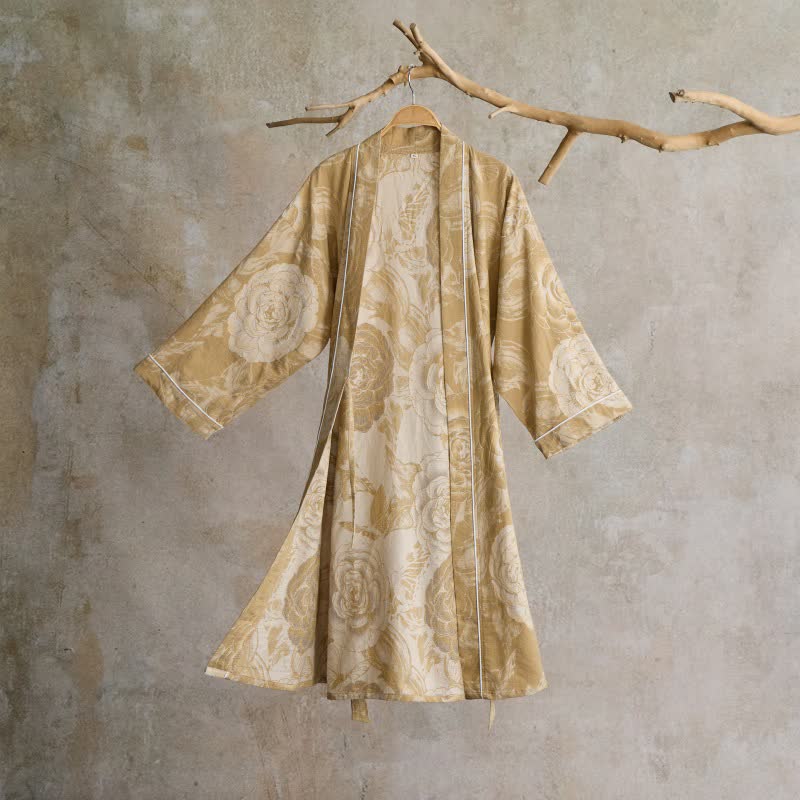 Luxuriöser Kimono-Bademantel aus reiner Baumwolle mit Pfingstrosenmuster - Gelb - XL - image 13