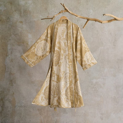 Luxuriöser Kimono-Bademantel aus reiner Baumwolle mit Pfingstrosenmuster - Gelb - XL - image 13