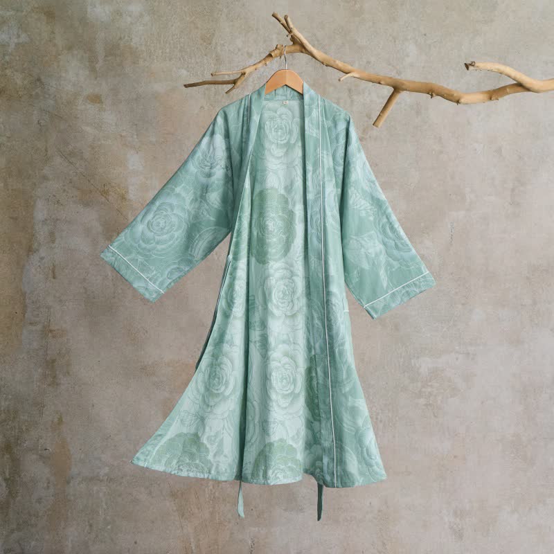 Luxuriöser Kimono-Bademantel aus reiner Baumwolle mit Pfingstrosenmuster - Grün - XL - image 0