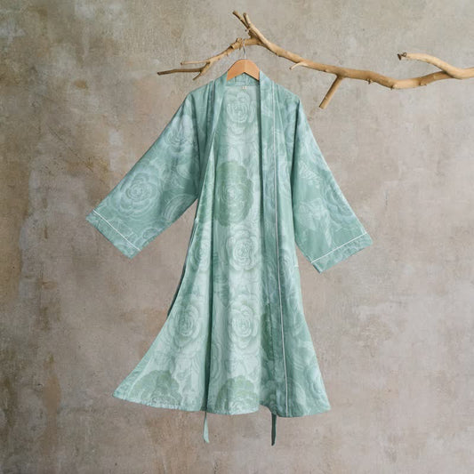 Luxuriöser Kimono-Bademantel aus reiner Baumwolle mit Pfingstrosenmuster - Grün - XL - image 0