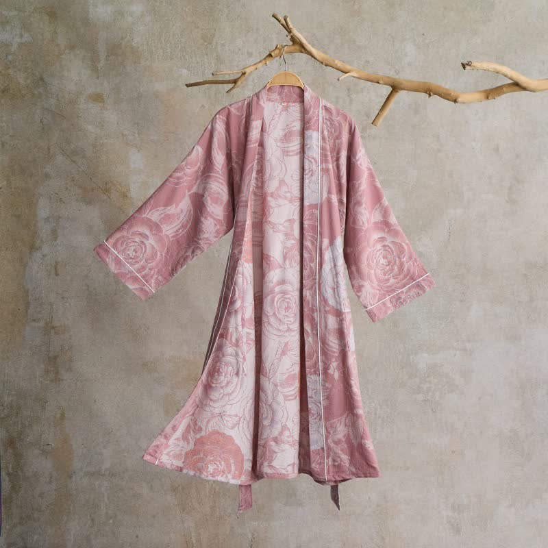 Luxuriöser Kimono-Bademantel aus reiner Baumwolle mit Pfingstrosenmuster - Rosa - XL - image 6