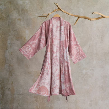 Luxuriöser Kimono-Bademantel aus reiner Baumwolle mit Pfingstrosenmuster - Rosa - XL - image 6