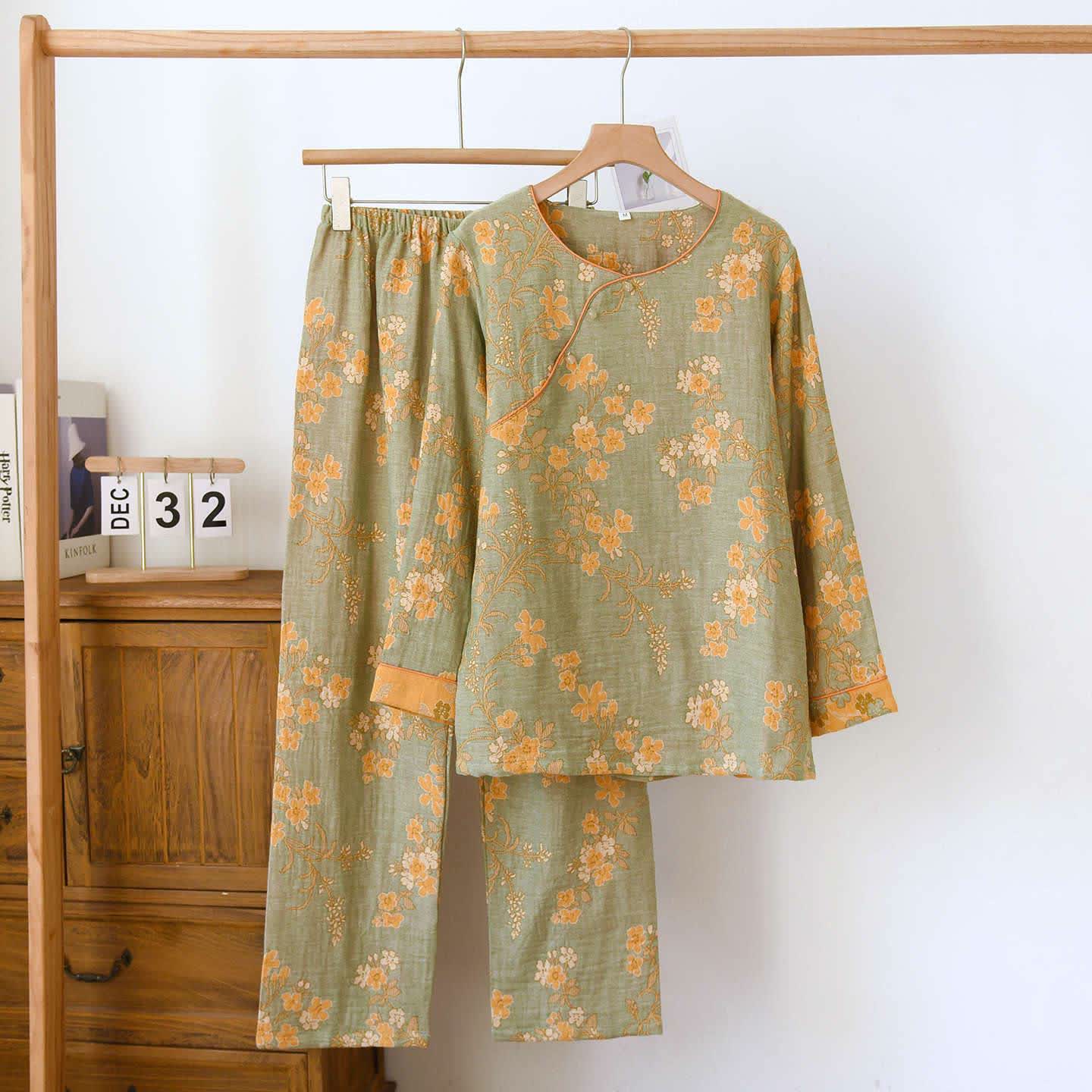 Pyjama aus Baumwollgaze mit Pflaumenblüten-Jacquardmuster - Grün - XL - image 13